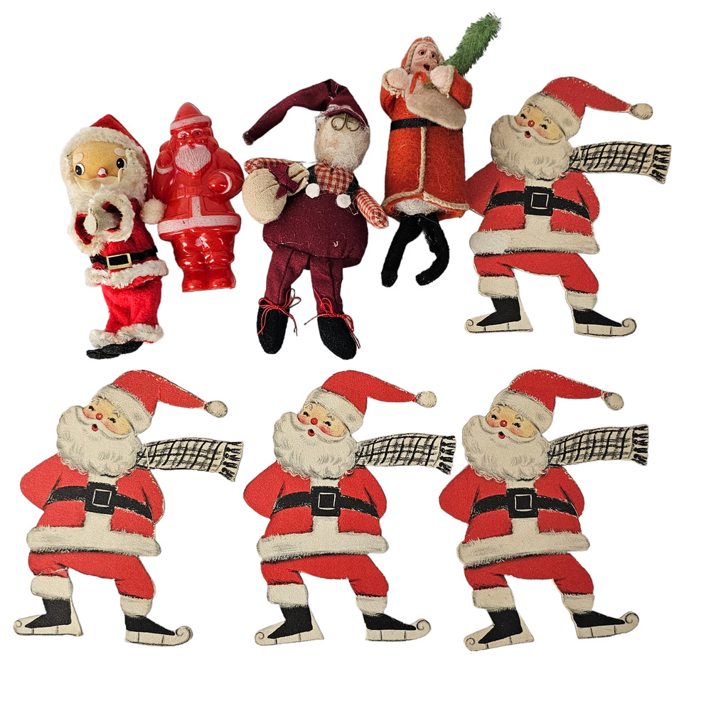 Vintage lot of 8 pcs assorted Santa Claus plastic cardboard felt 3-5"